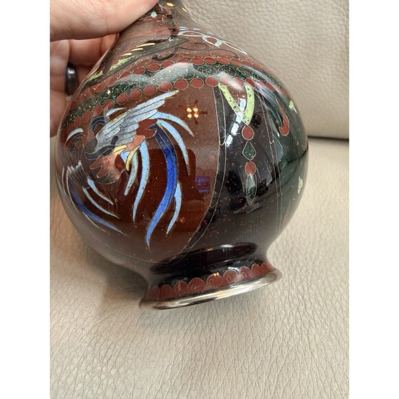 Japanese CLOISONNE Bud Vase Red Brown Gold Fleck Phoenix Bird Kyoto Butterfly - Picture 10 of 16
